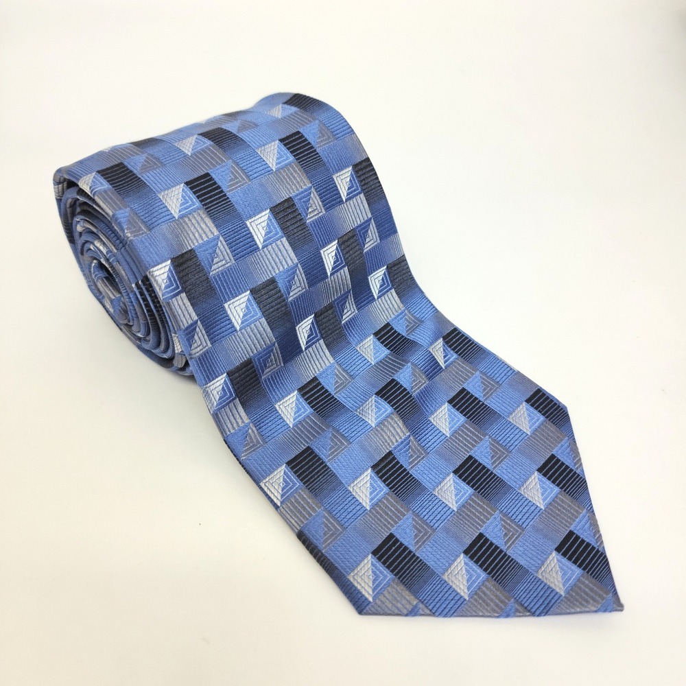 Joseph & Feiss Mens Blue Geometric 100% Silk Necktie Formal Business Tie